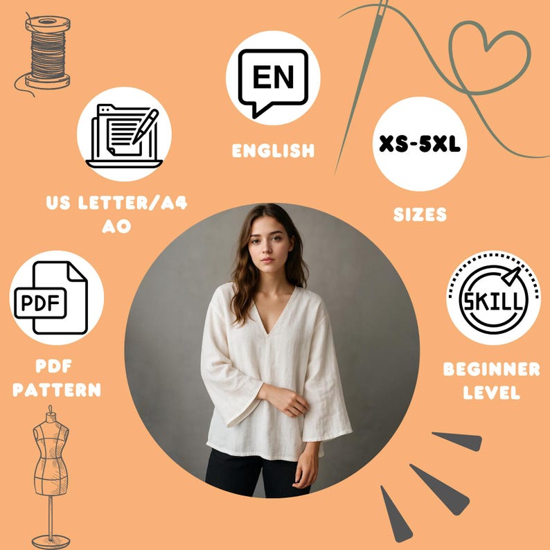 Op de afbeelding: Een vrouw draagt een cr&egrave;mekleurige V-hals blouse met klokmouwen. De afbeelding bevat pictogrammen voor een PDF-patroon, Engelse instructies en maten XS-5XL. Het vaardigheidsniveau is beginner.