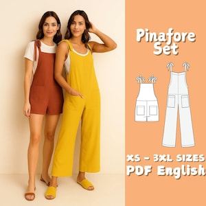 Peut inclure: Deux femmes portent des ensembles de salopettes en rouille et jaune. L'ensemble rouille est une combinaison short avec des bretelles nouées, tandis que l'ensemble jaune est une combinaison pantalon à jambes larges. L'image comprend également un dessin au trait de l'ensemble de salopette et le texte "Pinafore Set" et "XS - 3XL SIZES PDF English".