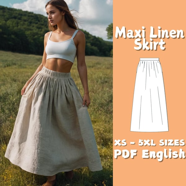 Maxi Linen Skirt Pattern Cottagecore Pockets Skirt Sewing Pattern | Maxi Ruffle Skirt PDF Pattern | Gathered High Waist Skirt