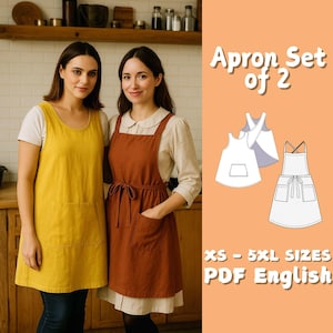 Puede incluir: Dos mujeres con delantales, uno amarillo y otro color óxido, de pie una al lado de la otra. Los delantales tienen grandes bolsillos delanteros. El texto a la derecha dice "Apron Set of 2" con ilustraciones y "XS - 5XL SIZES PDF English".