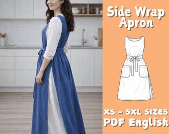May include: A woman wearing a blue side wrap apron over a white long-sleeved shirt. The apron has a tie at the waist and pockets. The image also includes a line drawing of the apron and text that reads "Side Wrap Apron", "XS - 5XL SIZES", and "PDF English".