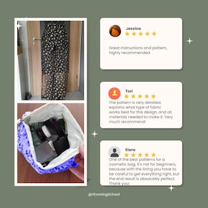 May include: An image featuring a black sheer fabric pants with gold star patterns, a blue floral cosmetic bag filled with items, and customer reviews. The reviews praise the pattern's detail and instructions.