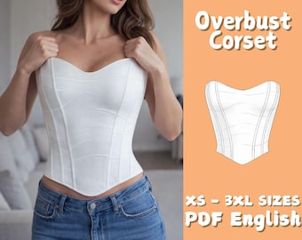 Modello di cucito per corsetto overbust, modello di top con corpino tubolare con chiusura posteriore, modello di outfit alla moda