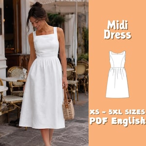 Può includere: Un abito midi bianco con scollo quadrato, spalline larghe e gonna arricciata. L'immagine include un disegno tecnico dell'abito, il testo "Midi Dress", "XS - 5XL SIZES" e "PDF English" su uno sfondo di colore arancione.