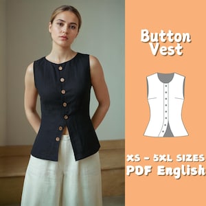 Op de afbeelding: Een zwarte knoopvest met houten knopen wordt getoond. Het vest is mouwloos en heeft een ronde halslijn. De tekst "Button Vest" wordt in het wit weergegeven, samen met een diagram van het vest en de tekst "XS - 5XL SIZES PDF English".