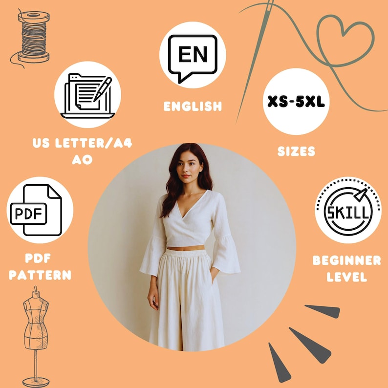 May include: A woman wearing a white wrap top and matching wide-leg pants. The image includes text indicating the pattern is available in sizes XS-5XL, is for beginner skill levels, and is a PDF pattern in English.