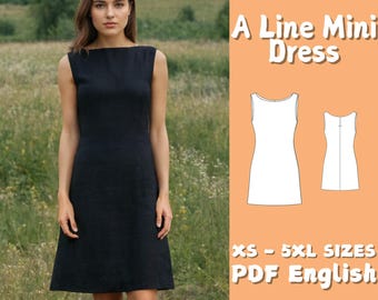 エイデンミニドレスの型紙、Aラインボートネックの縫製型紙、PDF