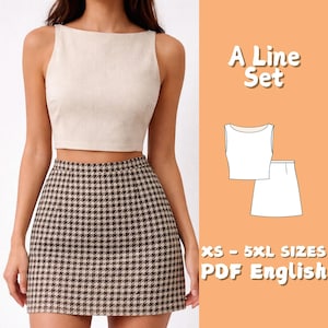 May include: A Line Set: A beige crop top and a brown and white houndstooth mini skirt. The image includes a diagram of the top and skirt, and text that reads "A Line Set", "XS - 5XL SIZES", and "PDF English".