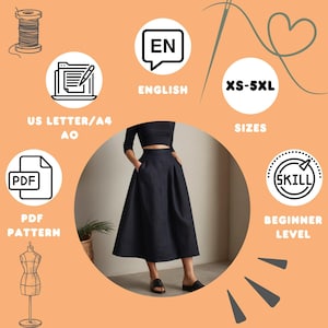 Może przedstawiać: Czarny zestaw sp&oacute;dnicy i topu. Obraz zawiera tekst z napisami "English", "XS-5XL", "Sizes", "Beginner Level" i "PDF Pattern". Tło jest w kolorze jasnopomarańczowym.