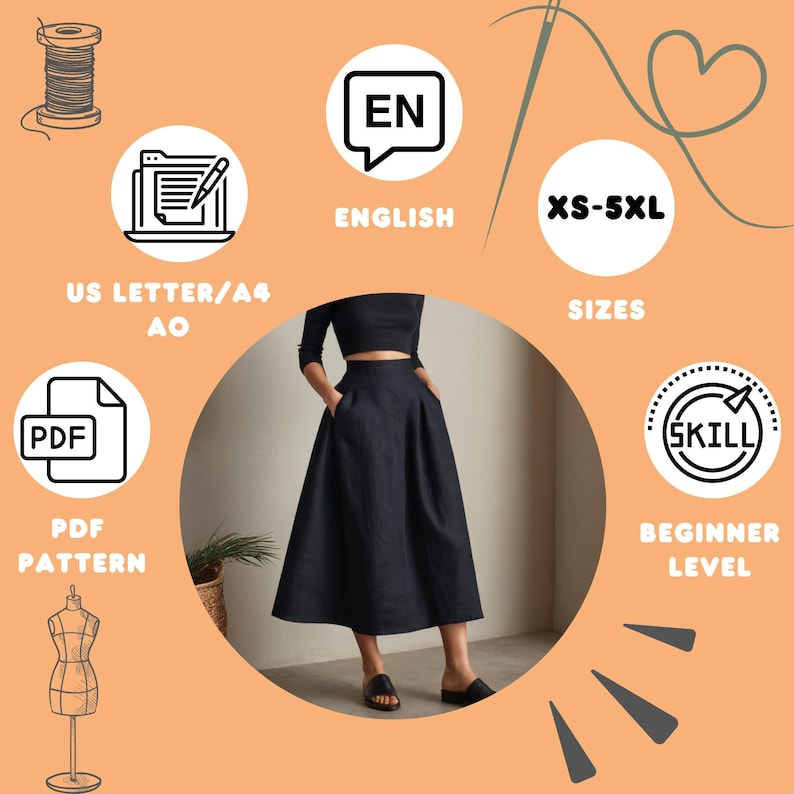Może przedstawiać: Czarny zestaw sp&oacute;dnicy i topu. Obraz zawiera tekst z napisami "English", "XS-5XL", "Sizes", "Beginner Level" i "PDF Pattern". Tło jest w kolorze jasnopomarańczowym.