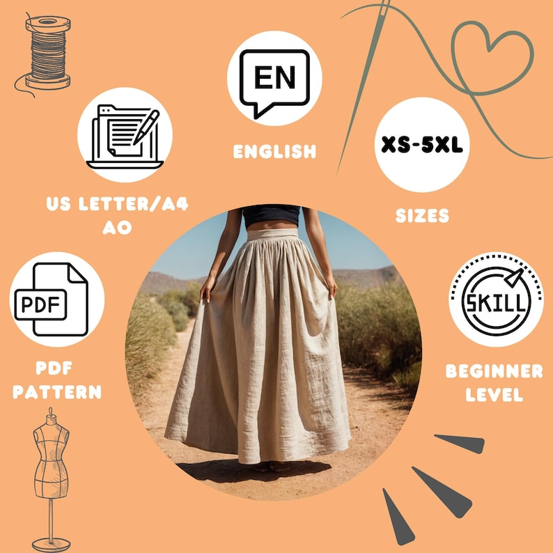 May include: A digital PDF sewing pattern for a long, flowing skirt. The pattern is available in sizes XS-5XL and is written in English. The pattern is for a beginner sewing level.