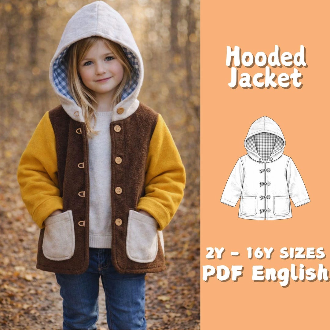 Kids Coloth Pattern Kids Hooded Coat PDF Sewing Pattern, Button Pockets Jacket, 2-16Y ...