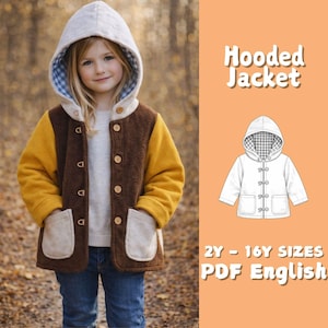May include: A child's hooded jacket in brown, yellow, and beige, featuring wooden buttons and pockets. The hood has a blue and white checked lining. The jacket is worn with blue jeans. The image includes the text "Hooded Jacket" and "2Y - 16Y SIZES PDF English."