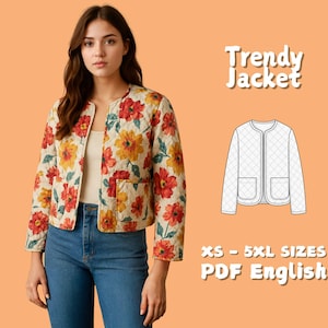 Pode incluir: Casaco acolchoado com padrão floral em vermelho, amarelo e verde sobre fundo creme. O casaco tem gola redonda e dois bolsos. A imagem inclui um diagrama e o texto "Trendy Jacket" e "XS - 5XL SIZES PDF English".
