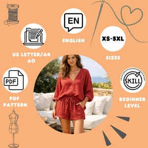 May include: A woman wearing a red V-neck top and shorts. The image includes text that says "English", "XS-5XL", "Sizes", "PDF Pattern", and "Beginner Level". The image is on an orange background.