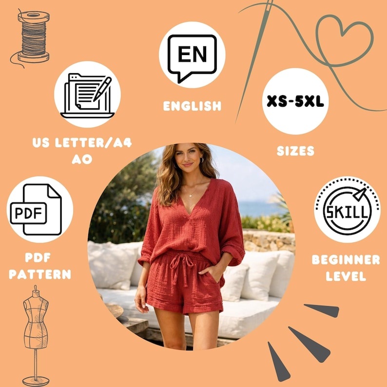 May include: A woman wearing a red V-neck top and shorts. The image includes text that says "English", "XS-5XL", "Sizes", "PDF Pattern", and "Beginner Level". The image is on an orange background.