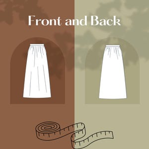 May include: A white maxi skirt with a gathered waistband, shown from the front and back. The skirt is displayed against a brown and green background with a measuring tape.