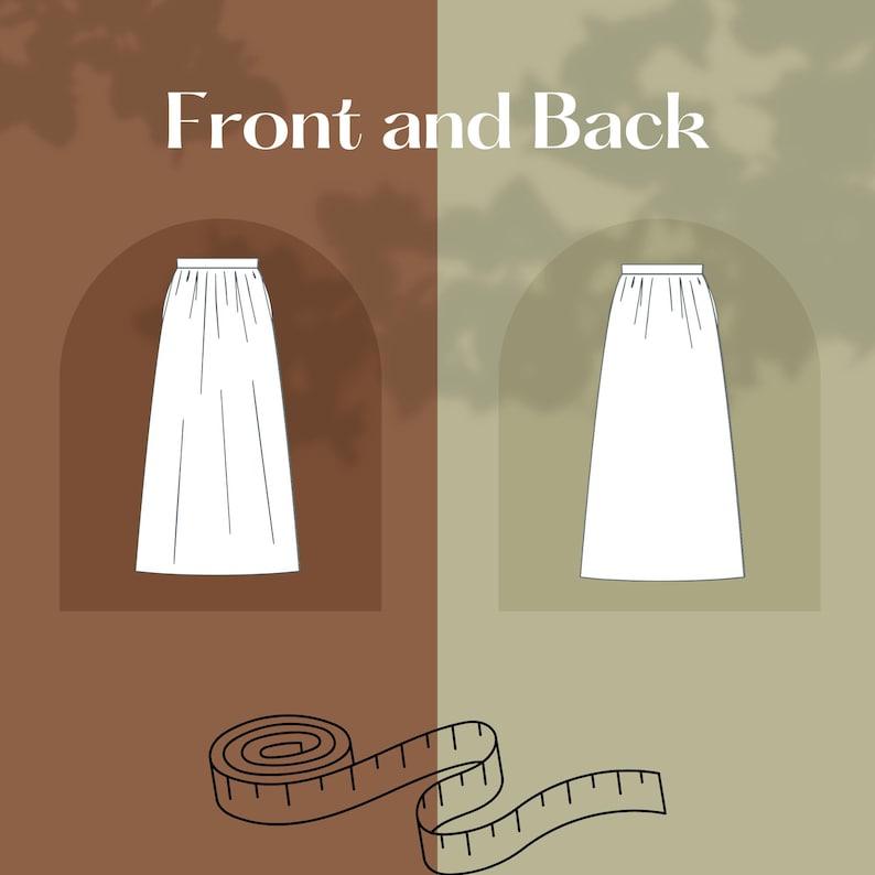 May include: A white maxi skirt with a gathered waistband, shown from the front and back. The skirt is displayed against a brown and green background with a measuring tape.