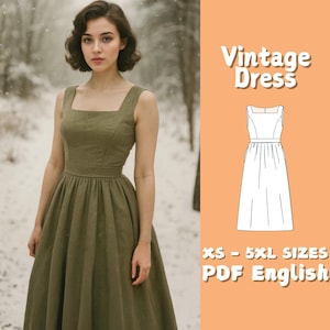 May include: An olive green vintage dress with a square neckline and a fitted bodice. The dress has a full skirt and a defined waist. The image also includes a diagram of the dress and the text "Vintage Dress" and "XS - 5XL SIZES PDF English".