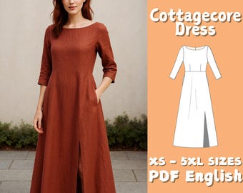Maxi Linen Dress PDF Sewing Pattern: Boat Neck, Pockets (Digital Download)