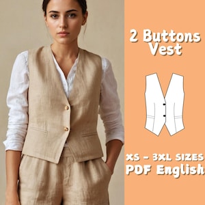 women Button Waistcoat Sewing Pattern V Neck Jacket Vest PDF Patter Classic Button Vest Top Sewing Pattern