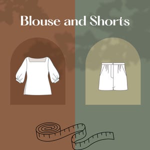 以下が含まれることがあります： スクエアネックとパフスリーブの白いブラウスと白いショートパンツのイラスト。「Blouse and Shorts」の文字が上部にあります。メジャーが下部にあります。