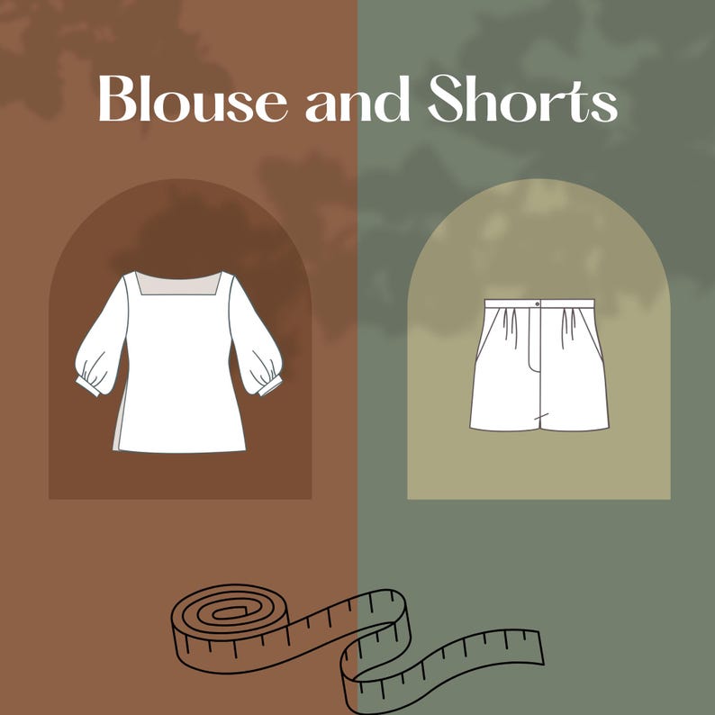 以下が含まれることがあります： スクエアネックとパフスリーブの白いブラウスと白いショートパンツのイラスト。「Blouse and Shorts」の文字が上部にあります。メジャーが下部にあります。