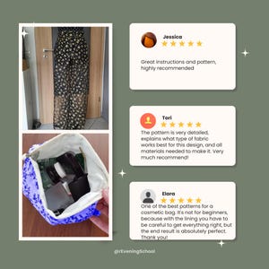 May include: An image featuring a black sheer fabric pants with gold star patterns, a blue floral cosmetic bag filled with items, and customer reviews. The reviews praise the pattern's detail and instructions.