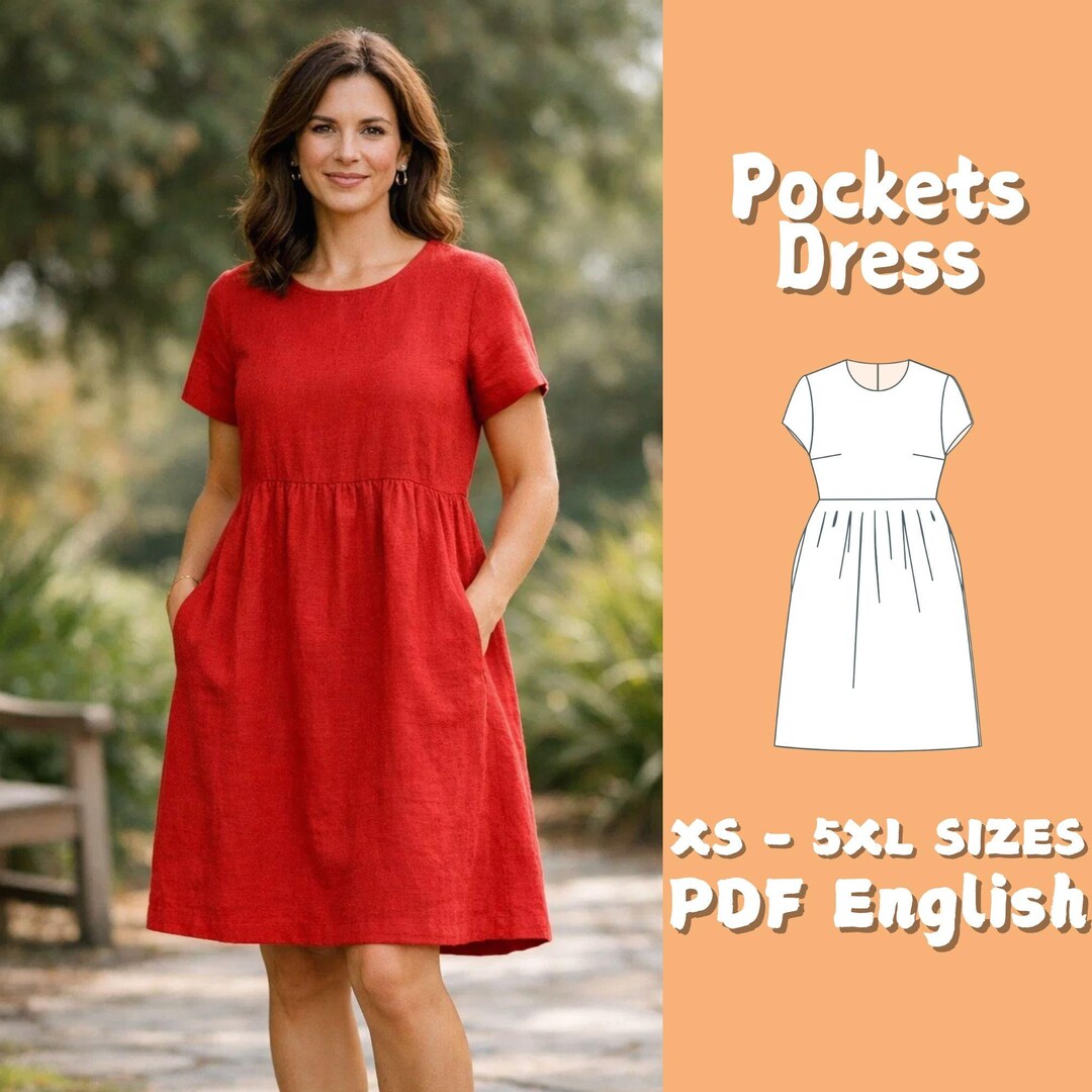 Simple Linen Stock Pattern Linen Dress Sewing Pattern Short Sleeve Summer Dress XS-5XL Digital ...