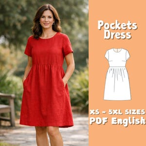 May include: A woman wearing a red, short-sleeved dress with pockets. The dress has a fitted bodice and a flared skirt. The image also includes a diagram of the dress and text that reads "Pockets Dress" and "XS - 5XL SIZES PDF English."