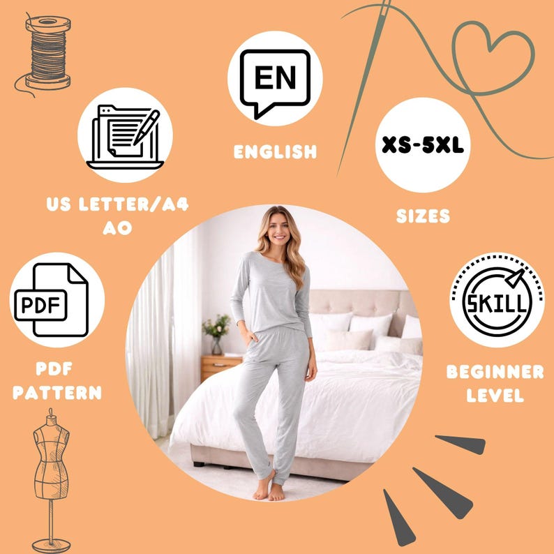 Puede incluir: Una mujer con un pijama gris claro. La imagen incluye texto: "ENGLISH", "XS-5XL", "PDF PATTERN" y "BEGINNER LEVEL". El fondo es un dormitorio con una cama.