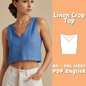 Linnen top met V-hals Naaipatroon Tanktop voor meisjes, beginner Digitaal patroon Losvallend crop-toppatroon, basisshirtpatroon