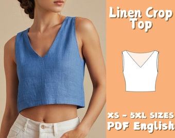 V Neck Linen Top Sewing Pattern Tank Top for Girls Beginner Digital Pattern Loose Crop Top Pattern, Basic Shirt Pattern