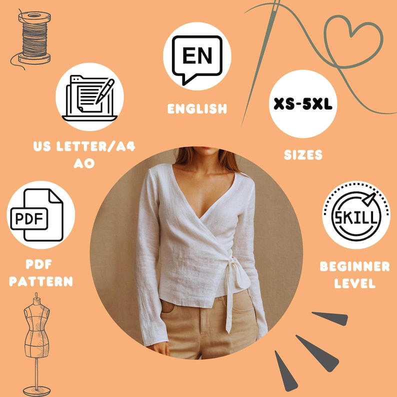 May include: A white wrap top with long sleeves and a tie closure. The image includes text that says "English", "XS-5XL", "PDF Pattern", and "Beginner Level". The top is shown on a person wearing tan pants.