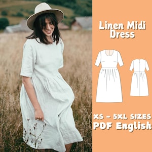 Cottagecore Linen Midi Dress Sewing Pattern: Gathered Short Sleeve (PDF Pattern)