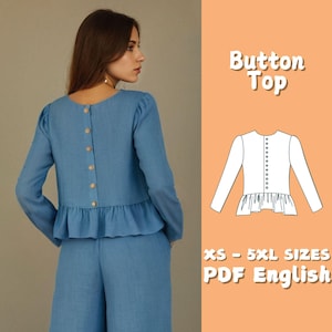 Linen Tank Top Sewing Pattern | Flounce Medieval Blouse PDF Pattern | Back Button Shirt Pattern | Puff Sleeve Blouse Sewing Pattern