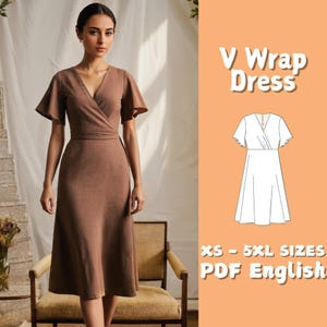 Women Wrap Dress PDF Sewing Pattern Flare Sleeve Ruffle Dress Pattern, V Neck Prom Dress Pattern, Evening Dress Beginner Pattern