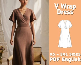 Wickelkleid PDF Schnittmuster: Rüschenkleid mit ausgestellten Ärmeln (Digitaler Download A4/A0) Anfänger