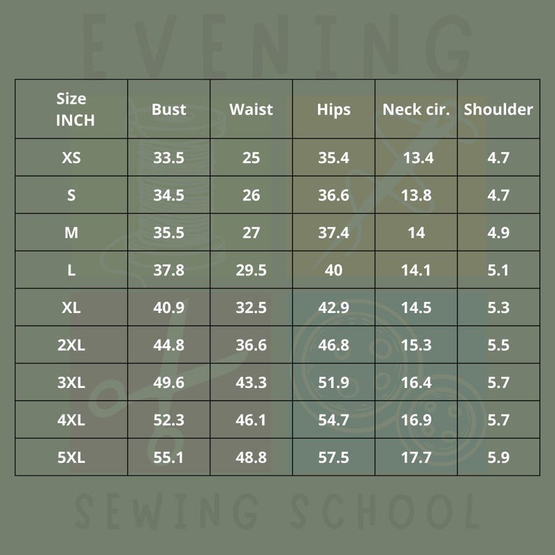May include: A size chart for clothing with measurements in inches for bust, waist, hips, neck circumference, and shoulder width. The sizes listed are XS, S, M, L, XL, 2XL, 3XL, 4XL, and 5XL.