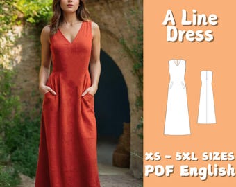 Patrón de costura para vestido largo de lino: Vestido de mujer con escote en V y corte en A (patrón en PDF)