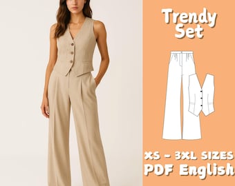 May include: A beige, two-piece outfit consisting of a vest and wide-leg pants. The vest has a V-neck and button closure. The pants are high-waisted with pleats. The image also includes a diagram of the outfit and the text "Trendy Set" and "XS - 3XL SIZES PDF English".