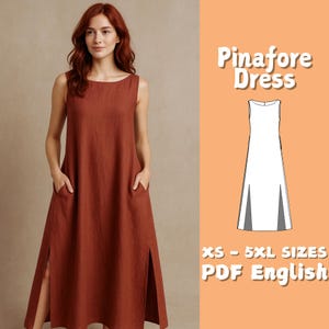 Könnte beinhalten: Ein ärmelloses, rostfarbenes Pinafore-Kleid mit Bootsausschnitt und Seitentaschen. Das Kleid hat hohe Seitenschlitze und wird von einem Model getragen. Der Text lautet "Pinafore Dress" und "XS - 5XL SIZES PDF English".