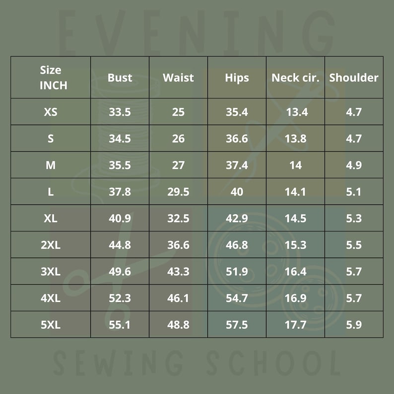 May include: A size chart for clothing, with measurements in inches. The chart includes bust, waist, hips, neck circumference, and shoulder measurements for sizes XS to 5XL. The text "EVENING SEWING SCHOOL" is at the top and bottom.
