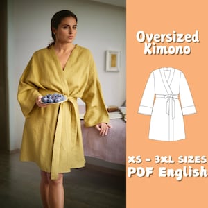 Robe Sewing Pattern Women Loose Kimono Pattern, Belt Tie Closure Robe PDF Sewing Pattern, Midi Linen Kimono Beginner Pattern