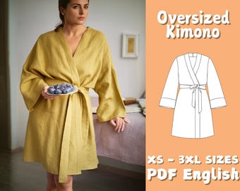 Robe Sewing Pattern Women Loose Kimono Pattern, Belt Tie Closure Robe PDF Sewing Pattern, Midi Linen Kimono Beginner Pattern