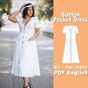 Puede incluir: Un vestido blanco con botones, bolsillos y mangas cortas. El vestido es de largo midi y tiene un corpiño ajustado. El vestido se muestra en una modelo que lleva un sombrero blanco. El texto "Button Pocket Dress" y "XS - 5XL SIZES PDF English" es visible en la imagen.