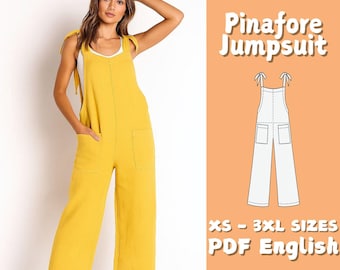 Women Wide Leg Jumpsuit with Pockets Sewing Pattern Overalls Tie Closure Romper Pattern