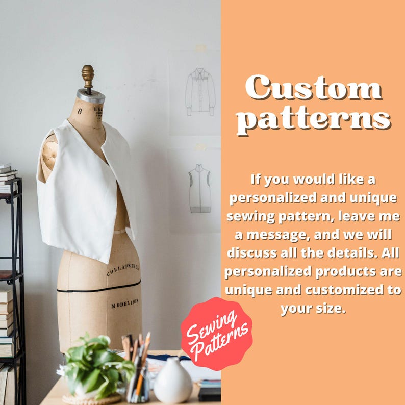 Puede incluir: Un chaleco blanco sobre un maniqu&iacute; con el texto "Custom patterns". El texto de abajo dice: "Si desea un patr&oacute;n de costura personalizado y &uacute;nico, d&eacute;jeme un mensaje y discutiremos todos los detalles."
