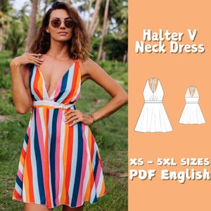Mini Dress Sewing Pattern: Wide V Neck, Full Circle Skirt (PDF Pattern)