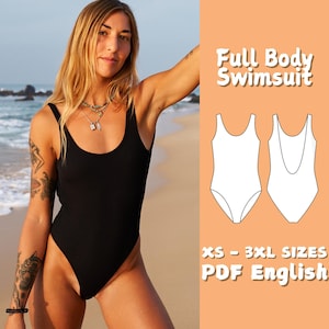 May include: A woman in a black full-body swimsuit with a scoop neckline, on a beach. The image includes a diagram of the swimsuit and text that reads "Full Body Swimsuit", "XS - 3XL SIZES", and "PDF English".